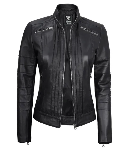 Bergmao Black Leather Womens Jacket Motorcycle by Jacket Field
