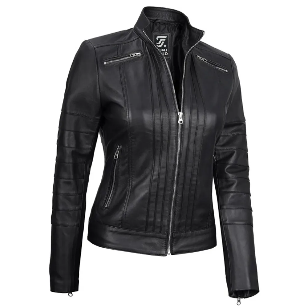 Bergmao Black Leather Womens Jacket Motorcycle by Jacket Field
