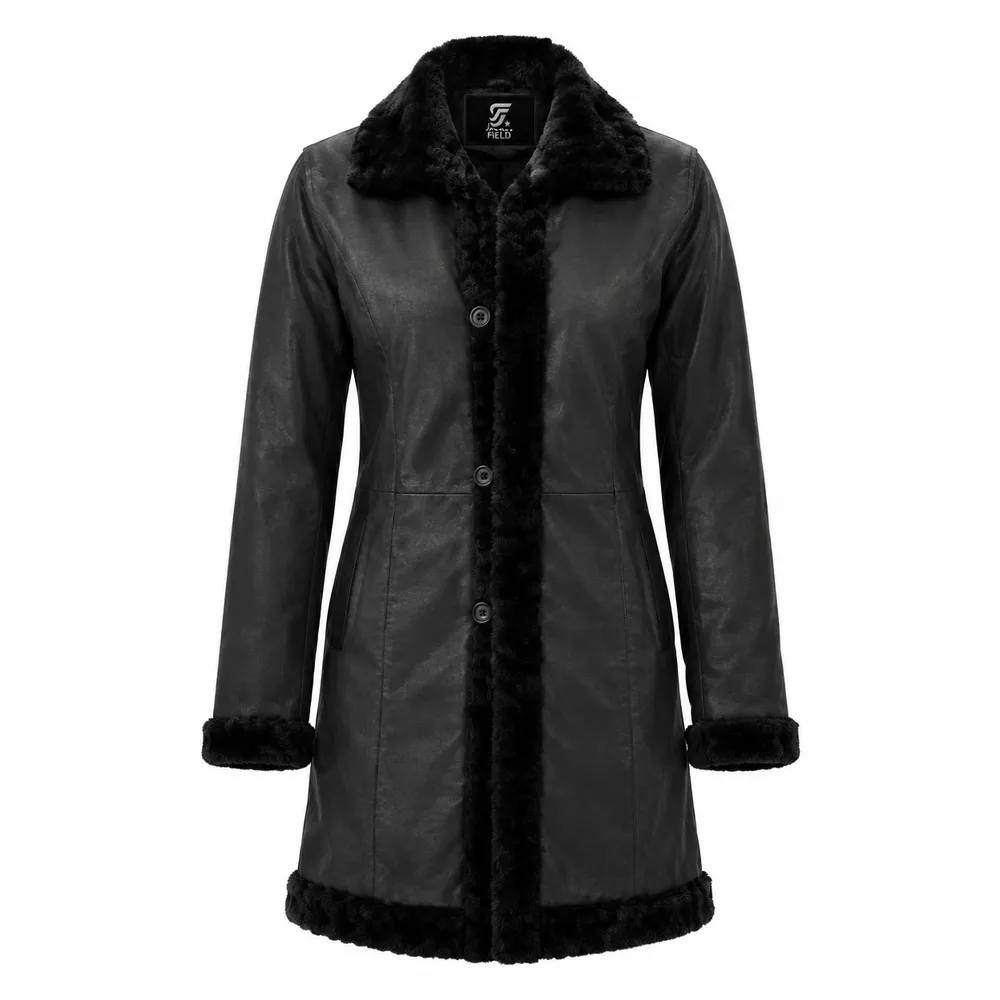 Maura Womens Black Leather Shearling Coat by Jacket Field