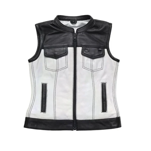 Women's Club Style Motorcycle White Leather Vest By Jacket Field