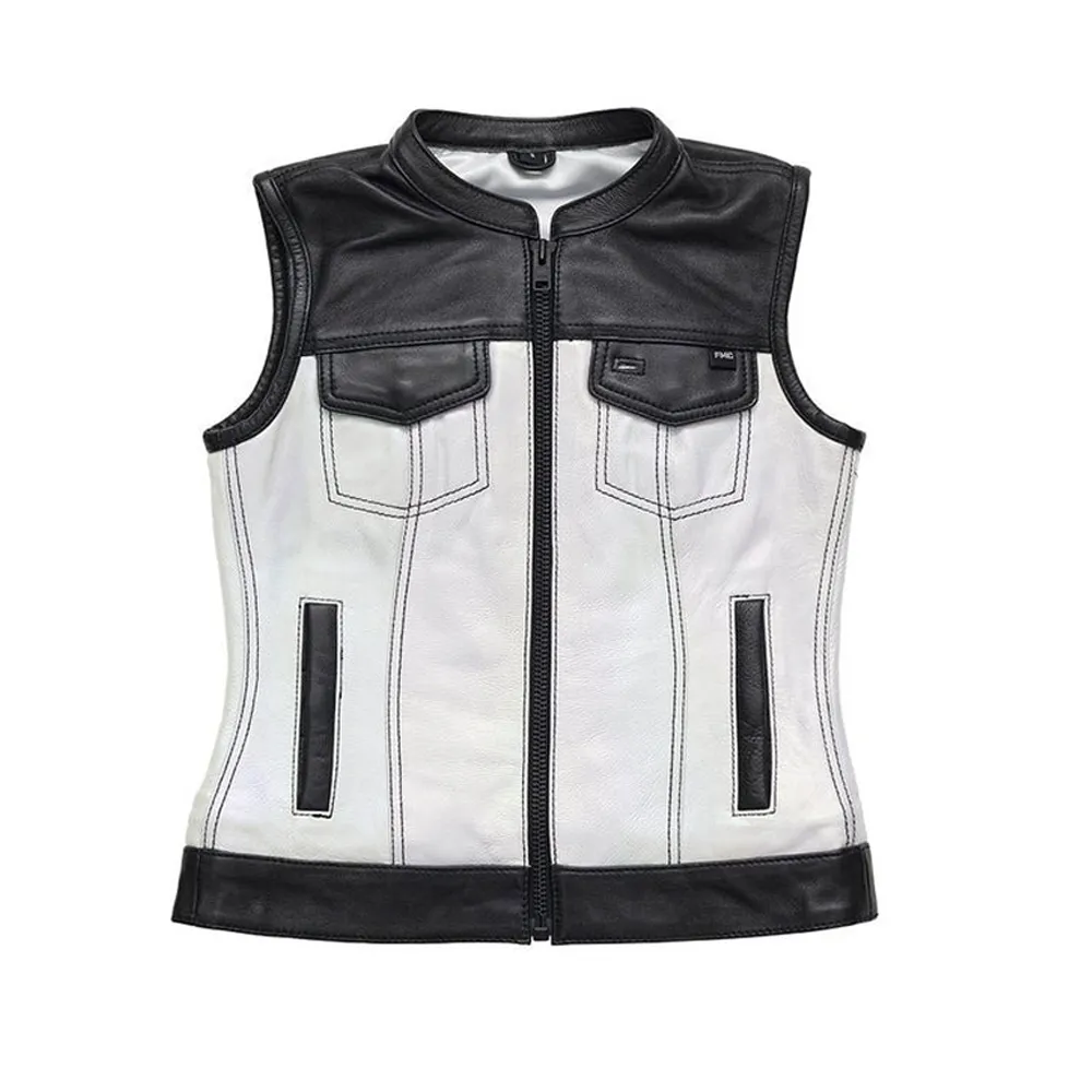 Women's Club Style Motorcycle White Leather Vest By Jacket Field