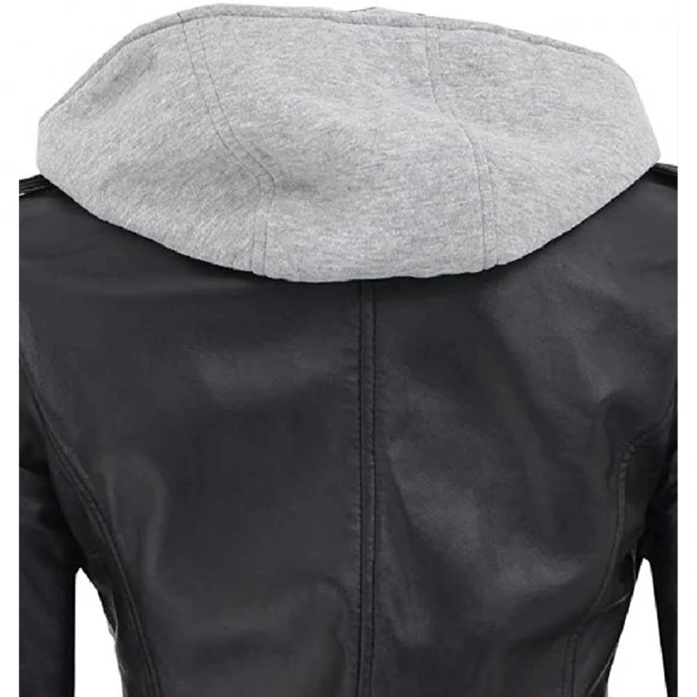 Black Lambskin Leather Womens Jacket Motorcycle with Removable Hood by Jacket Field