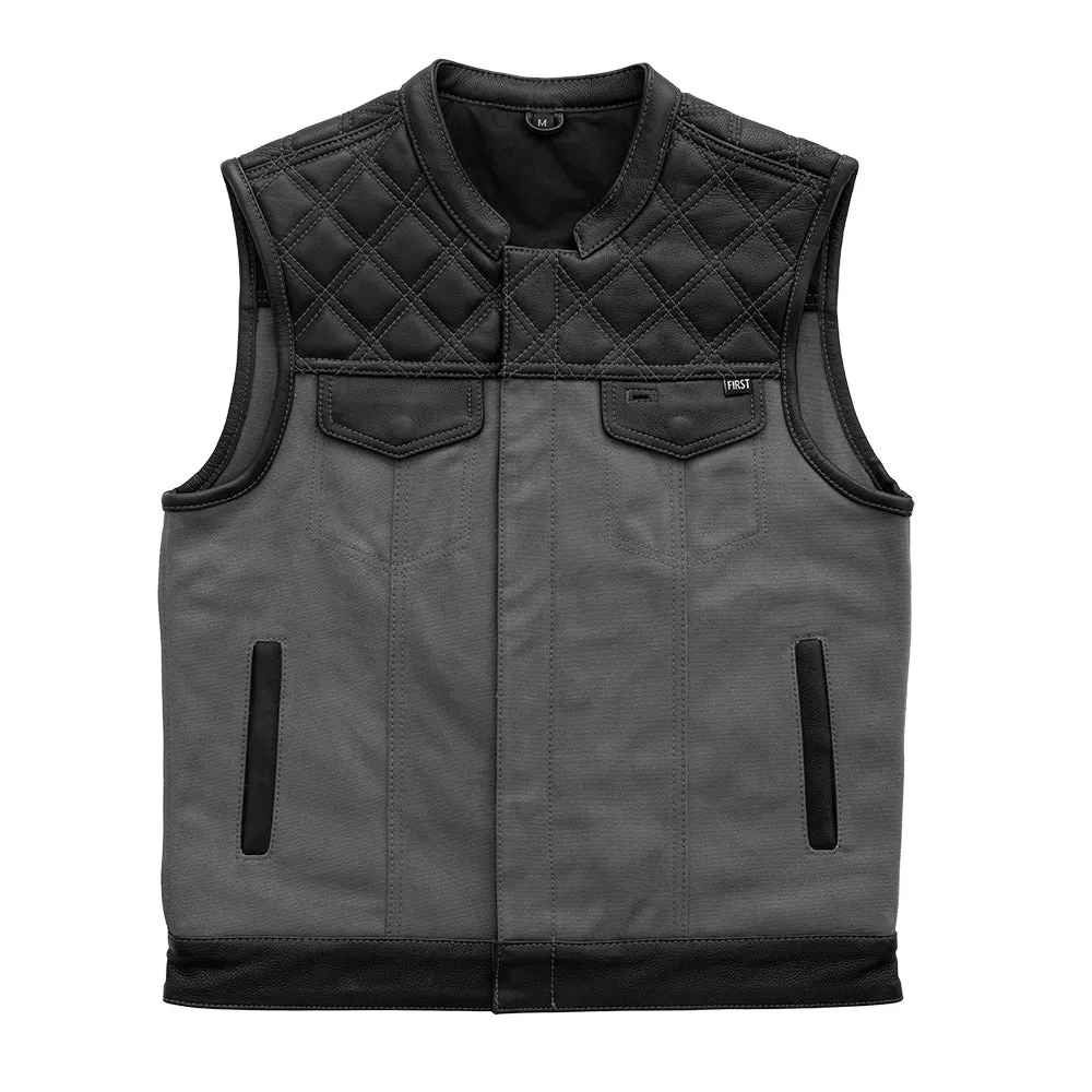 Hunt Club Style Mens Grey Canvas & Black Leather Vest by Jacket Field