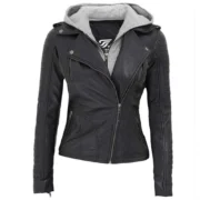 Black Lambskin Leather Womens Jacket Motorcycle with Removable Hood by Jacket Field