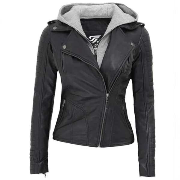 Black Lambskin Leather Womens Jacket Motorcycle with Removable Hood by Jacket Field