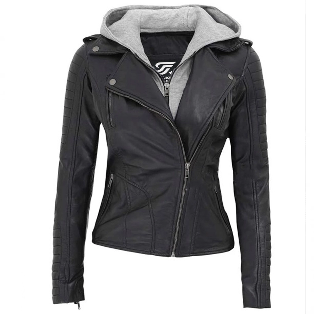Black Lambskin Leather Womens Jacket Motorcycle with Removable Hood by Jacket Field