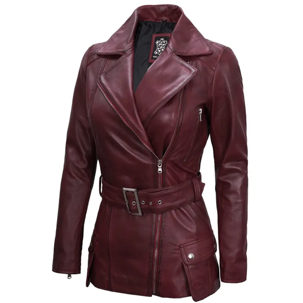 Maroon Leather Womens Jacket Motorcycle by Jacket Field