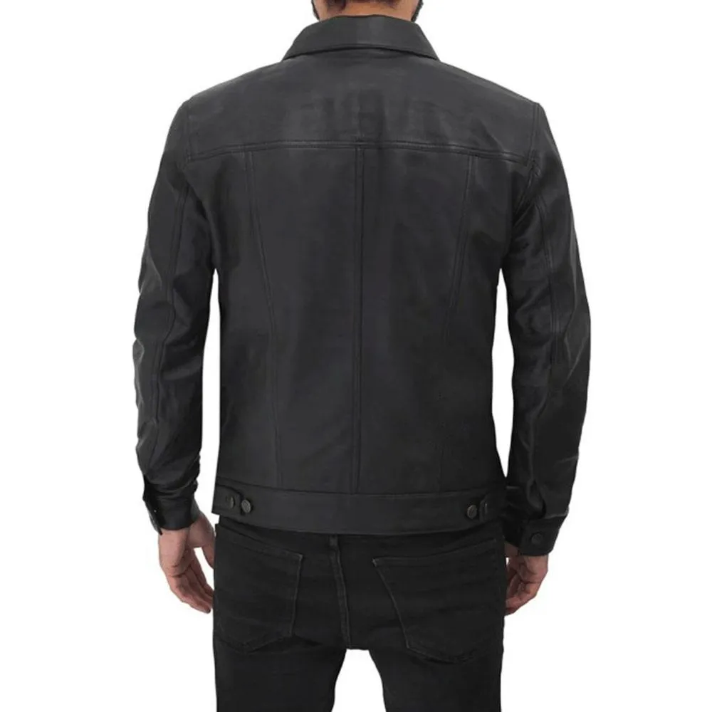 Mens Classic Black Leather Trucker Jacket by Jacket Field
