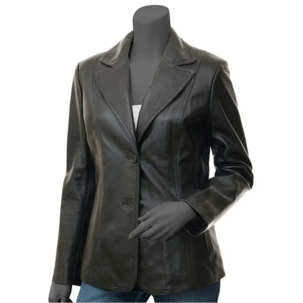 Women’s Two-Button Black Leather Jacket Blazer Real Lambskin, Semi-Formal Style By Jacket Field