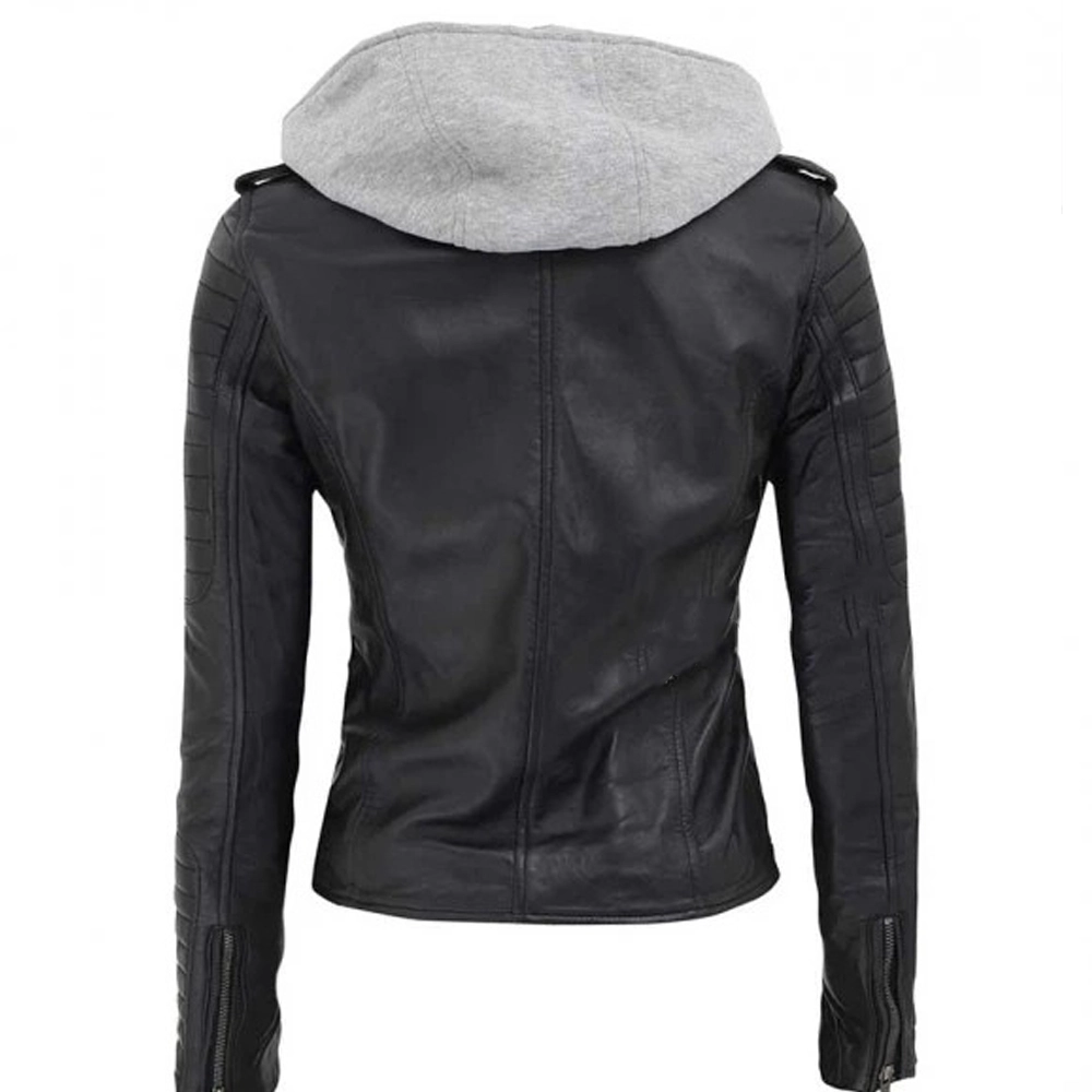 Black Lambskin Leather Womens Jacket Motorcycle with Removable Hood by Jacket Field