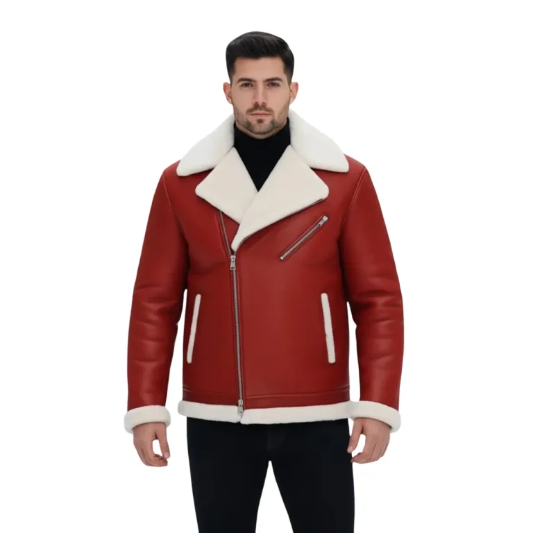 Men’s Red Shearling Leather B3 Bomber Aviator Christmas Jacket by Jacket Field