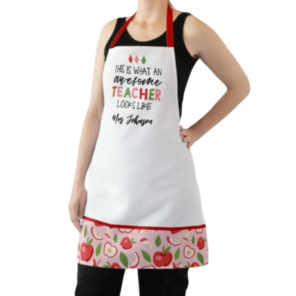 White Polyester Apple Teacher Apron Modern All-Over Print by Jacket Field