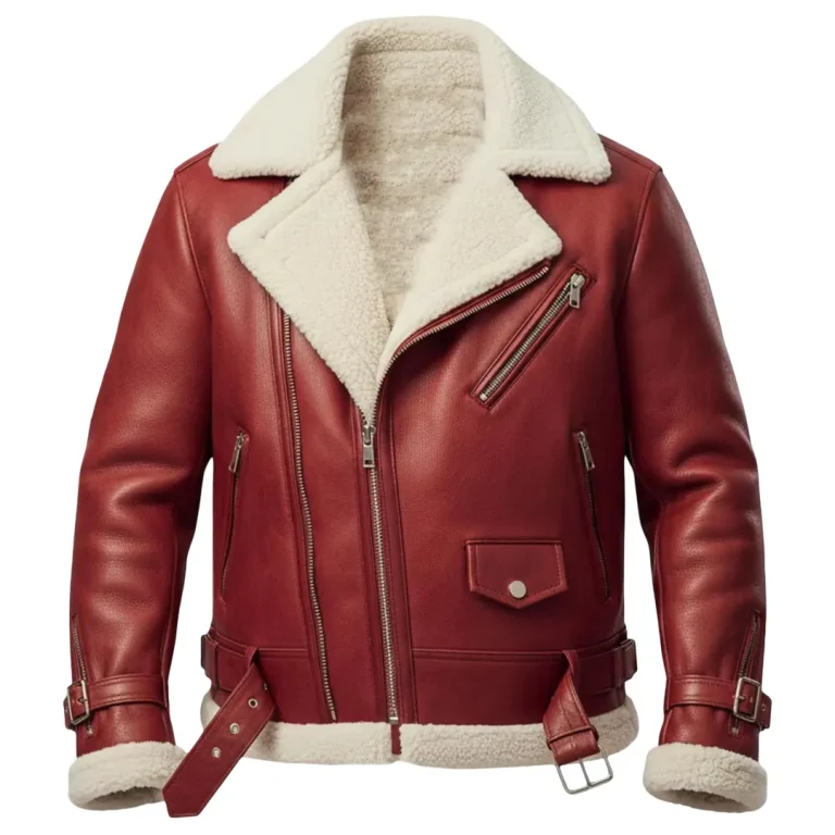 Men’s Red Shearling Sheepskin Leather Christmas Jacket Biker by Jacket Field