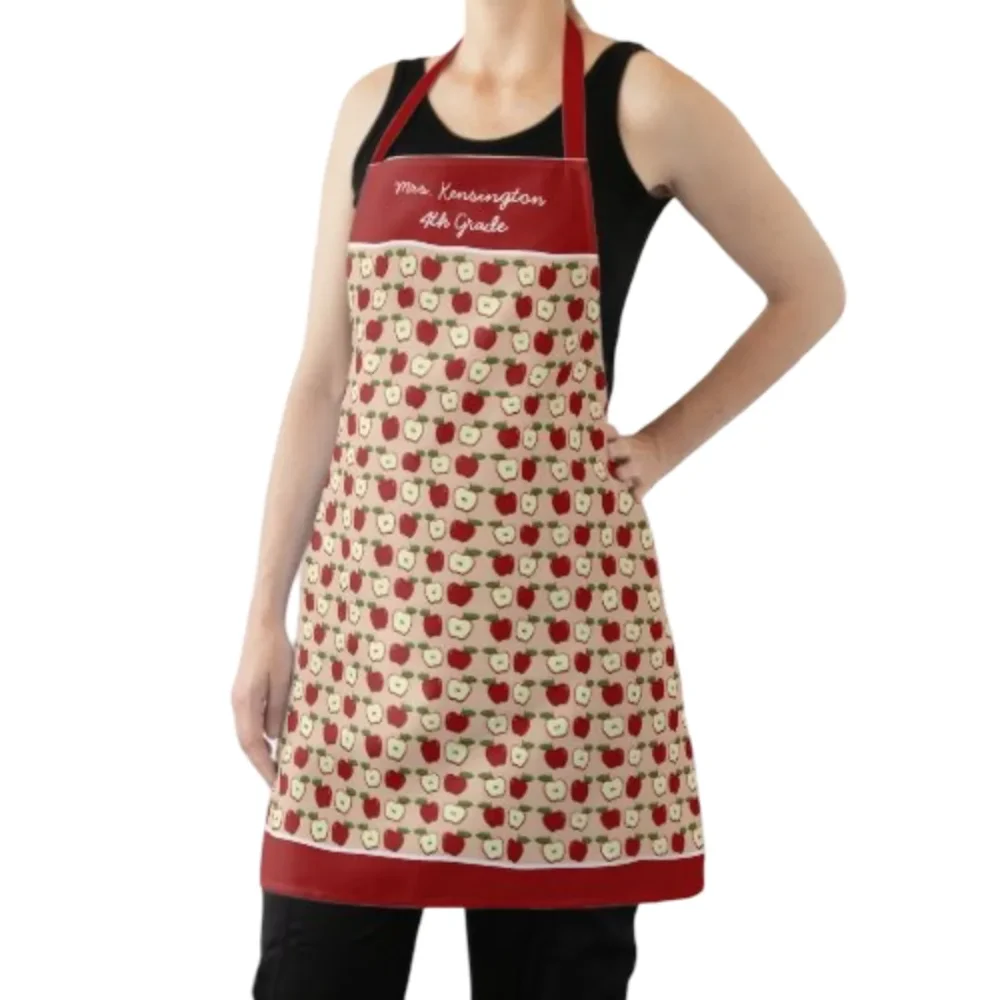Red Apples Polyester Teacher Apron Personalised School Gift by Jacket Field