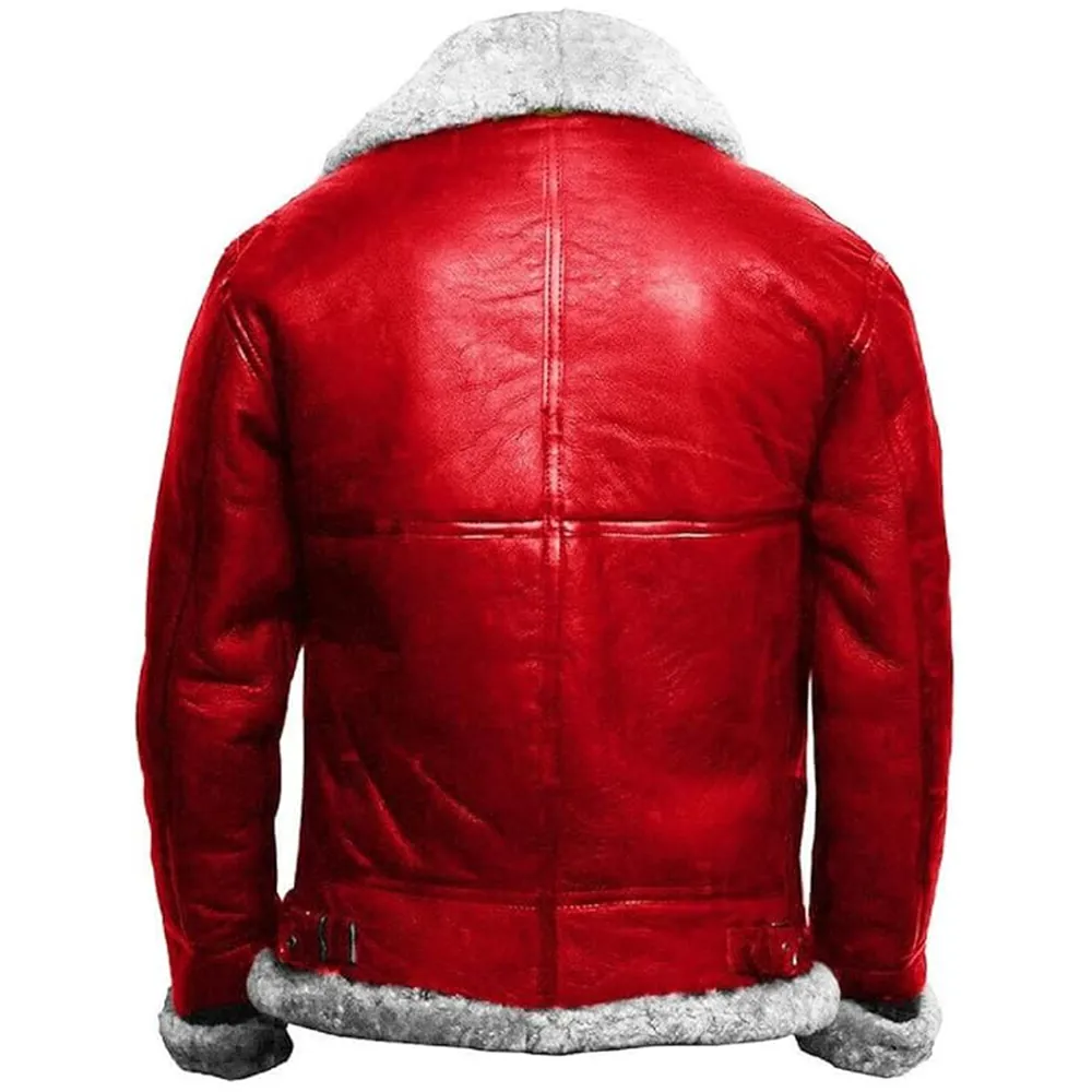 Men’s Red & White Shearling Leather Aviator Bomber Christmas Jacket by Jacket Field
