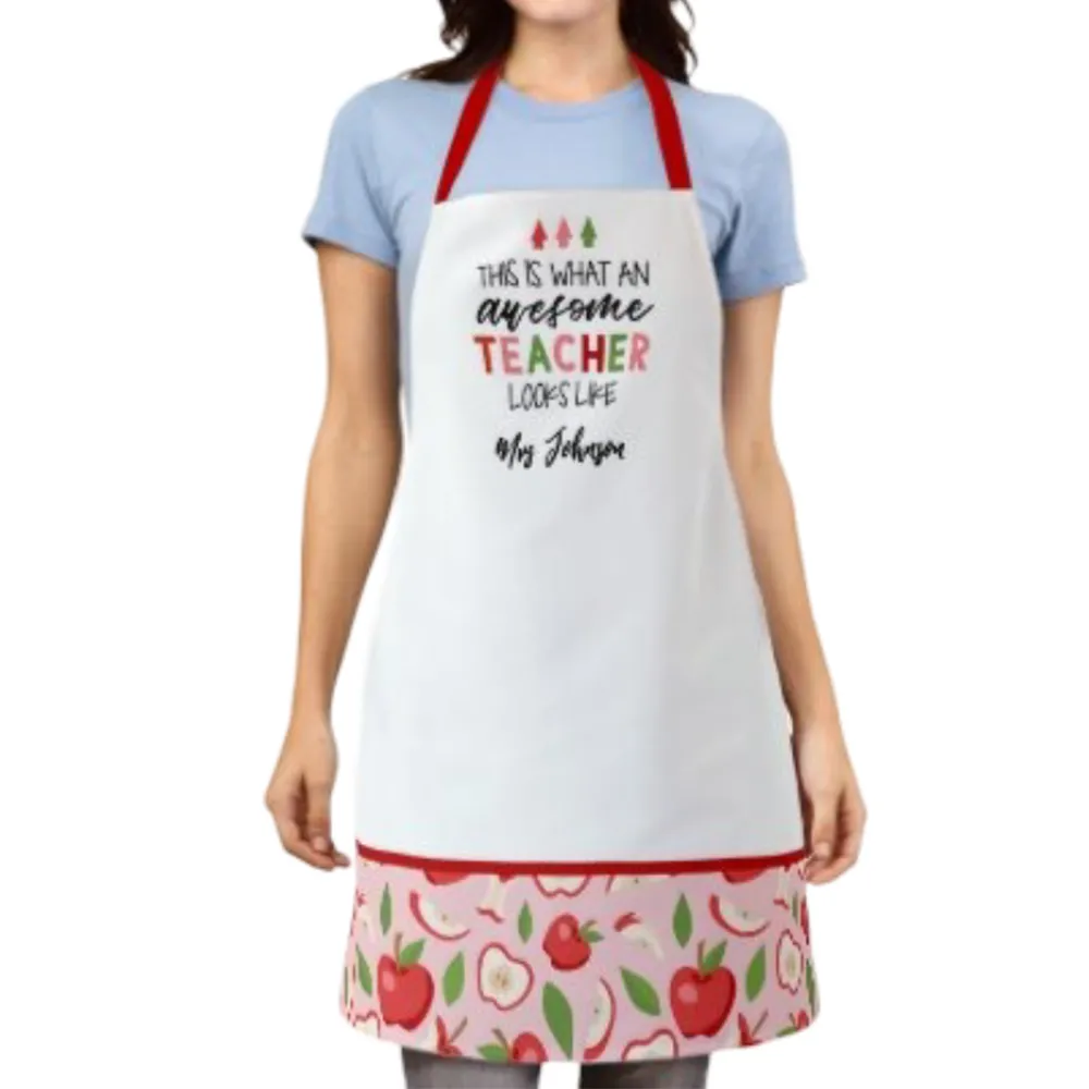 White Polyester Apple Teacher Apron Modern All-Over Print by Jacket Field