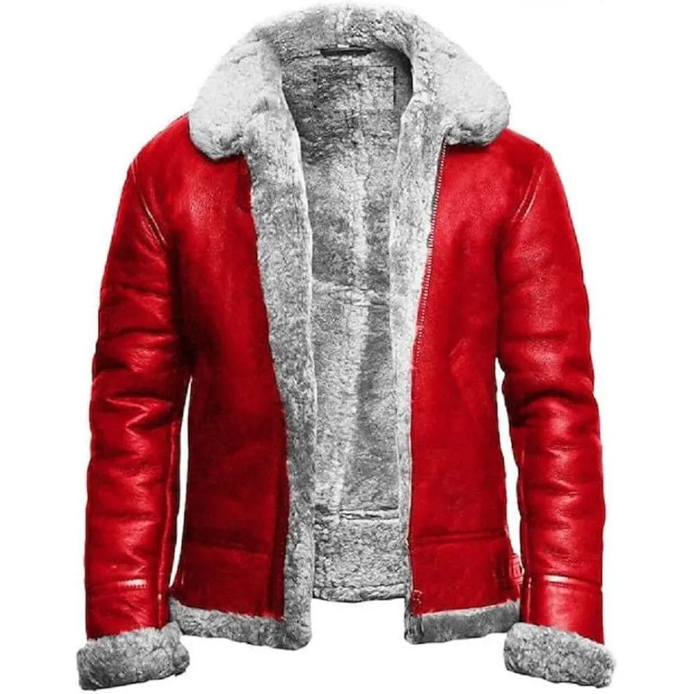 Men’s Red & White Shearling Leather Aviator Bomber Christmas Jacket by Jacket Field