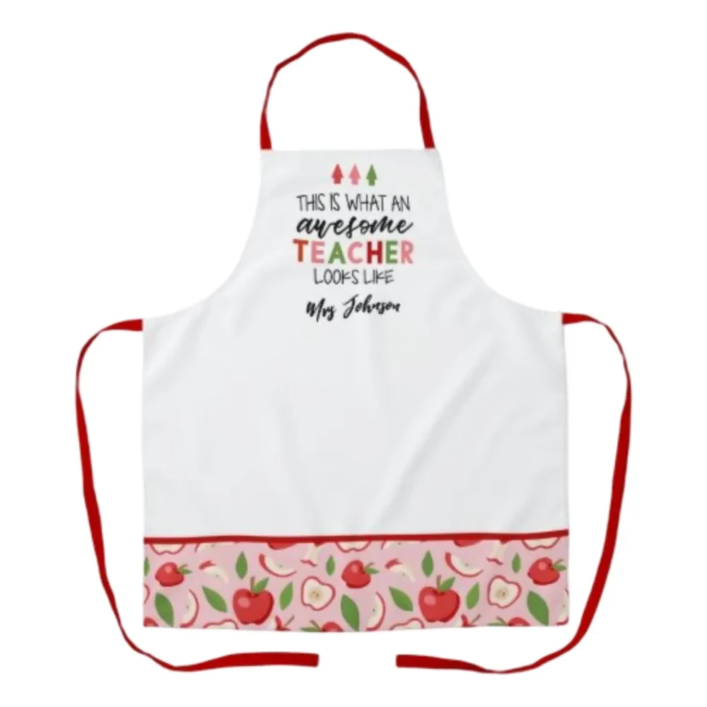 White Polyester Apple Teacher Apron Modern All-Over Print by Jacket Field