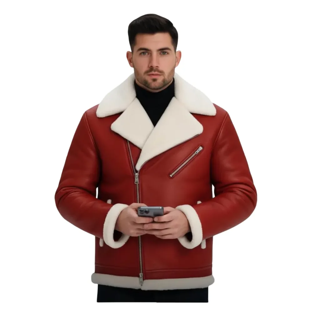 Men’s Red Shearling Leather B3 Bomber Aviator Christmas Jacket by Jacket Field