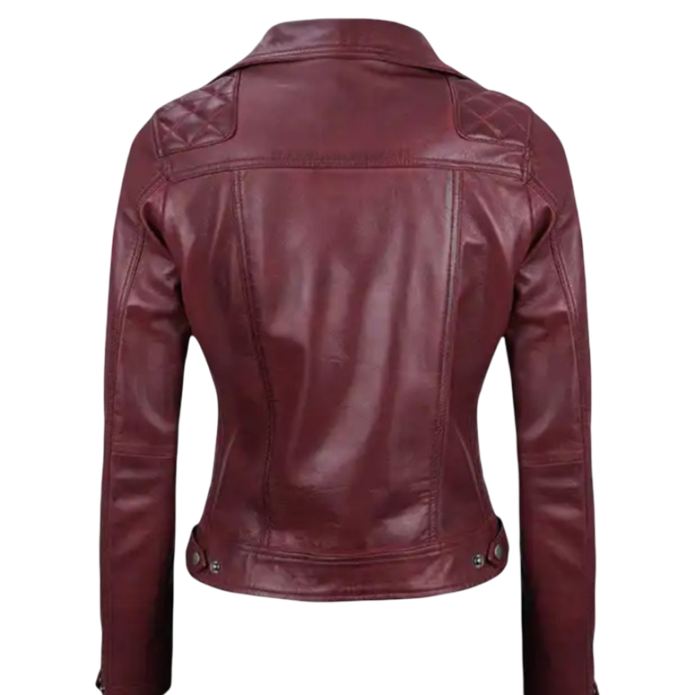 Women’s Burgundy Leather Christmas Jacket Slim Fit Maroon Moto Style