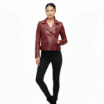Women’s Burgundy Leather Christmas Jacket Slim Fit Maroon Moto Style - Image 3