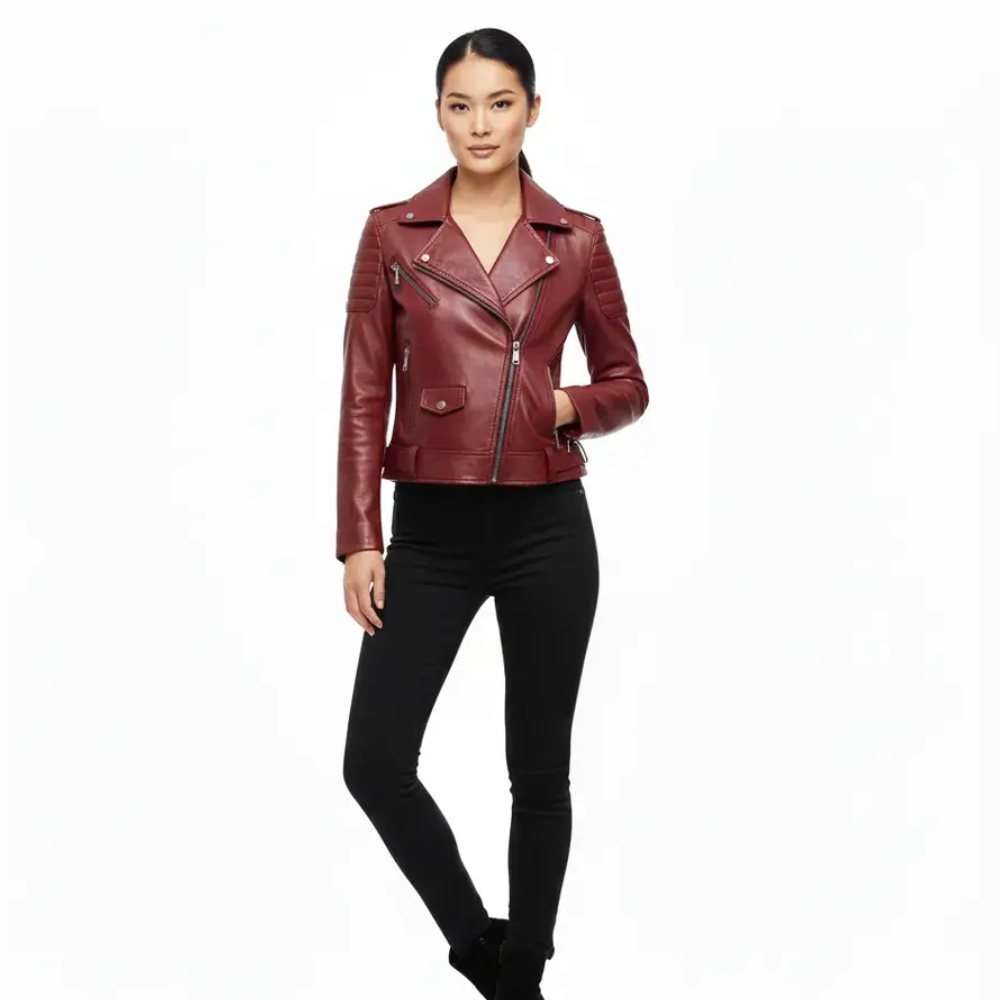 Women’s Burgundy Leather Christmas Jacket Slim Fit Maroon Moto Style - Image 3