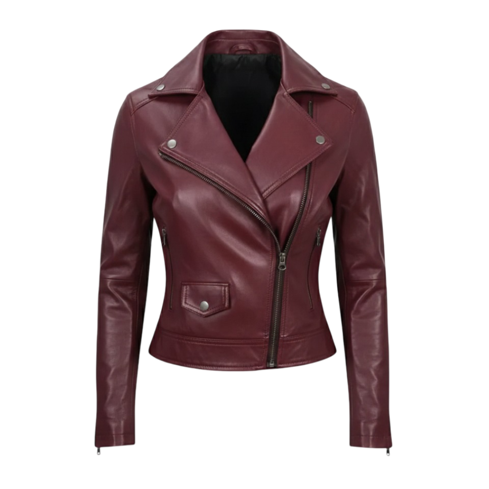 Women’s Burgundy Leather Christmas Jacket Slim Fit Maroon Moto Style