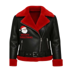 Womens Black Shearling Aviator Christmas Jacket with Red Fur