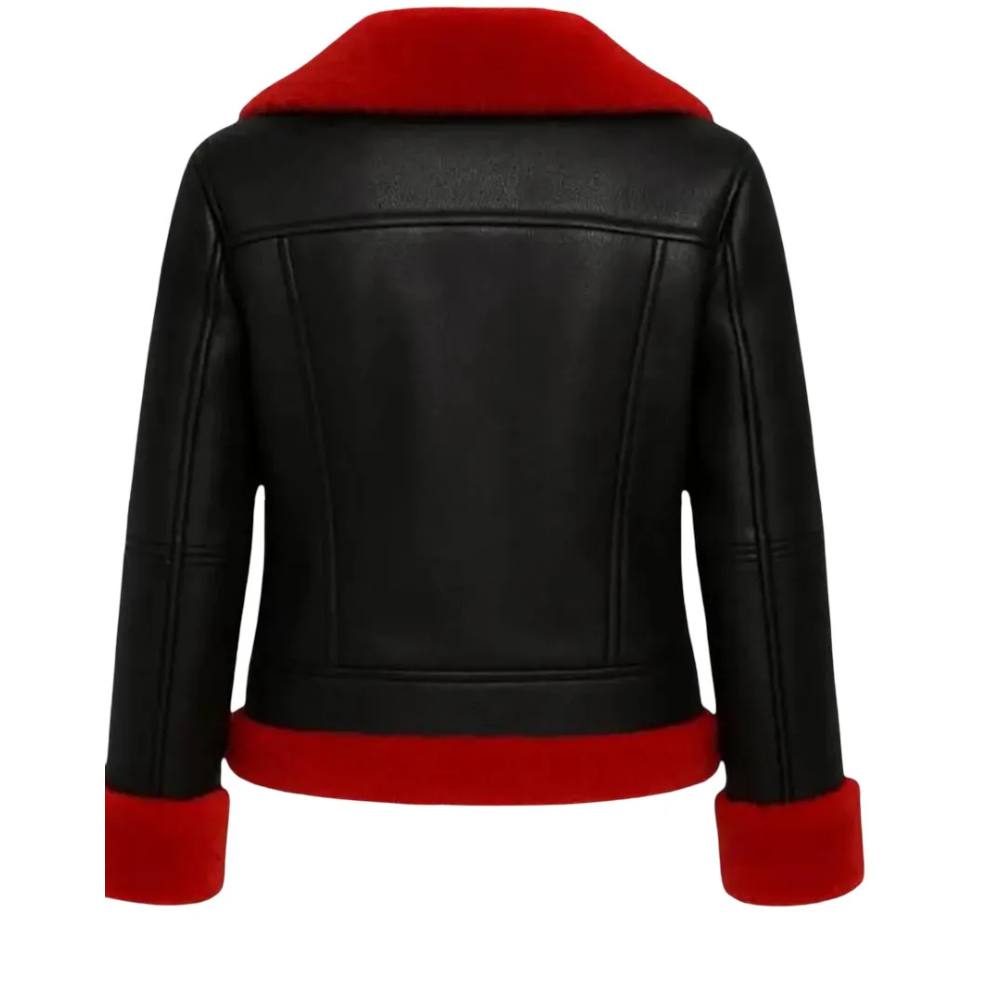 Womens Black Shearling Aviator Christmas Jacket with Red Fur