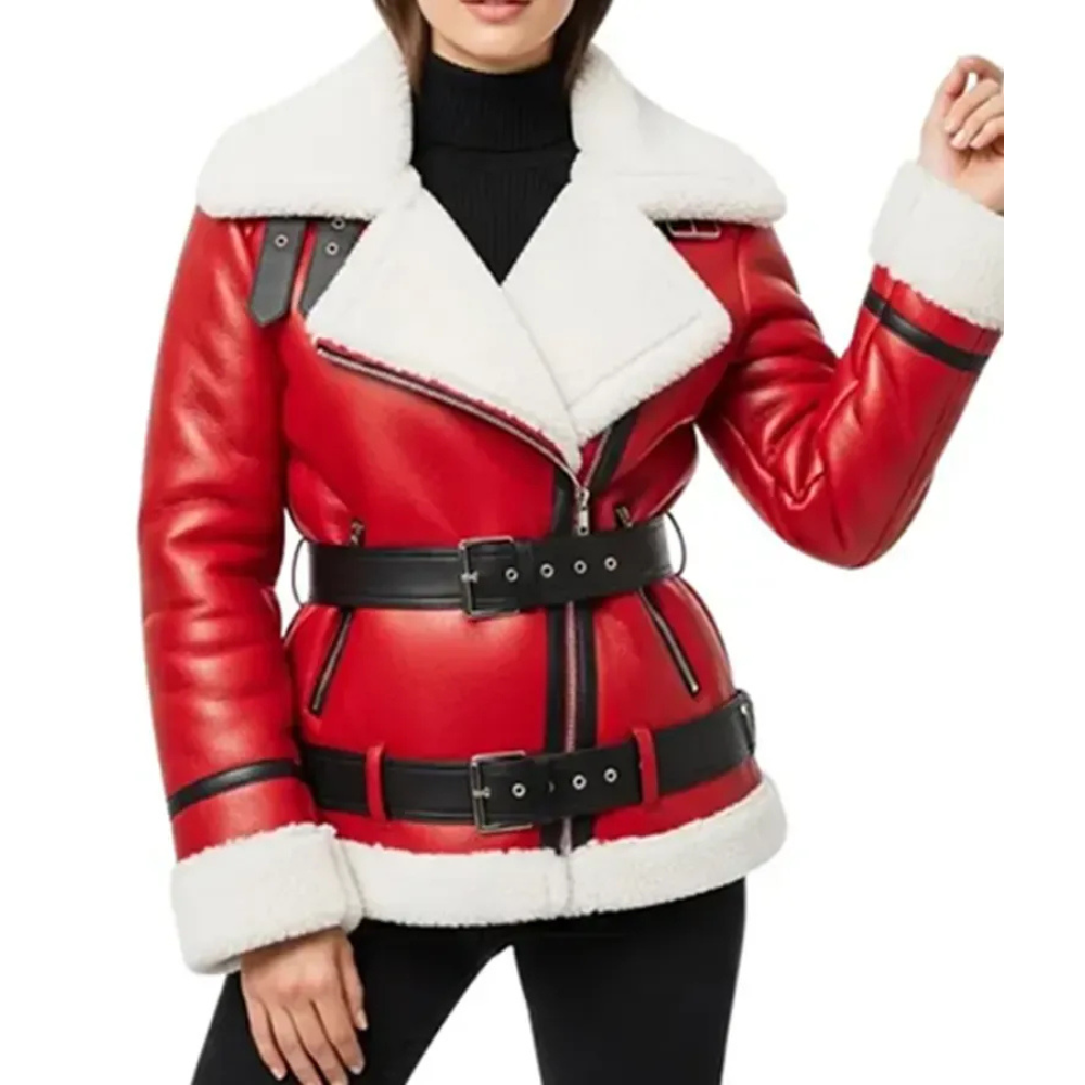 Women’s Red Lambskin Shearling B3 Bomber Christmas Jacket White Fur Collar by Jacket Field