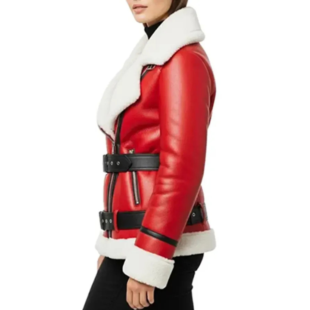 Women’s Red Lambskin Shearling B3 Bomber Christmas Jacket White Fur Collar by Jacket Field