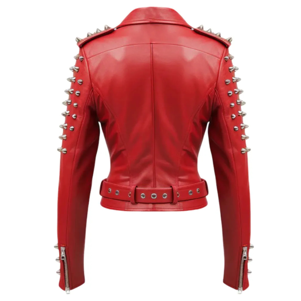Womens Red Genuine Leather Biker Christmas Jacket – Gothic Punk Rockstar Design, Handmade Premium Quality by Jacket Field
