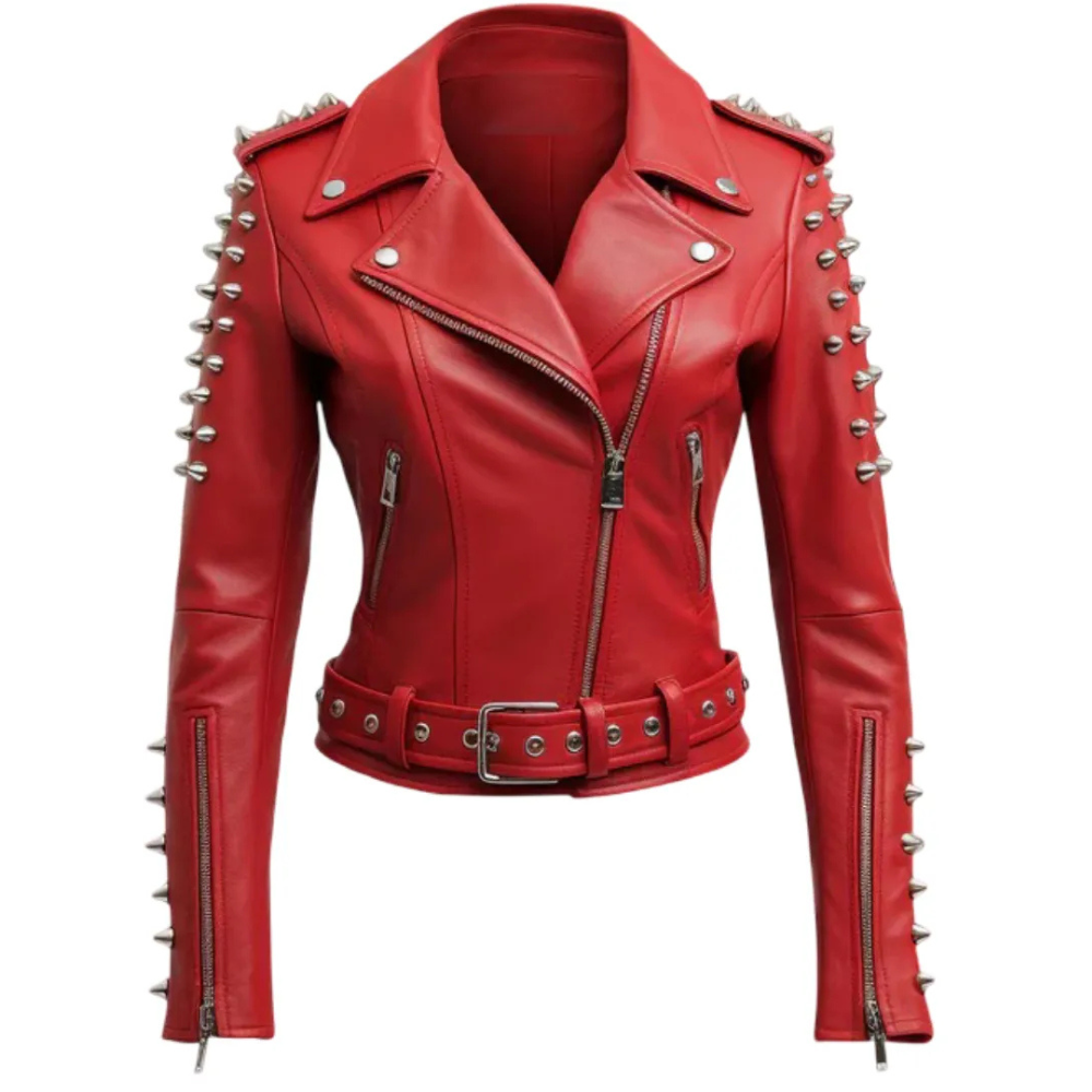 Womens Red Genuine Leather Biker Christmas Jacket – Gothic Punk Rockstar Design, Handmade Premium Quality by Jacket Field
