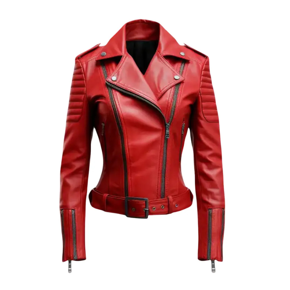 Women’s Red Sheepskin Leather Biker Christmas Jacket Handmade