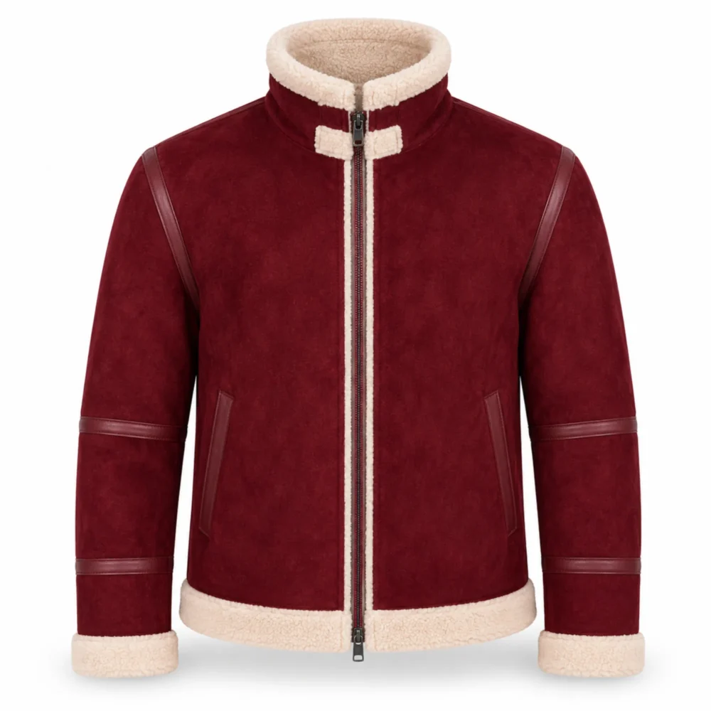 Burgundy Men Christmas Shearling Leather Jacket | Suede Aviator - jacket field 0011