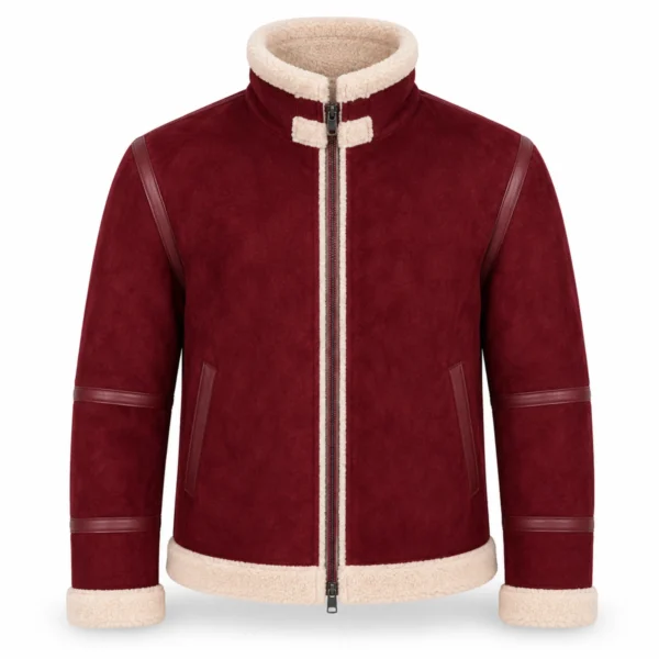       Burgundy Men Christmas Shearling Leather Jacket | Suede Aviator - jacket field 0011