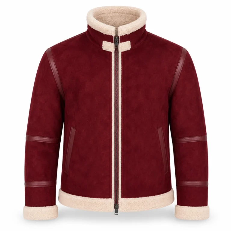       Burgundy Men Christmas Shearling Leather Jacket | Suede Aviator - jacket field 0011