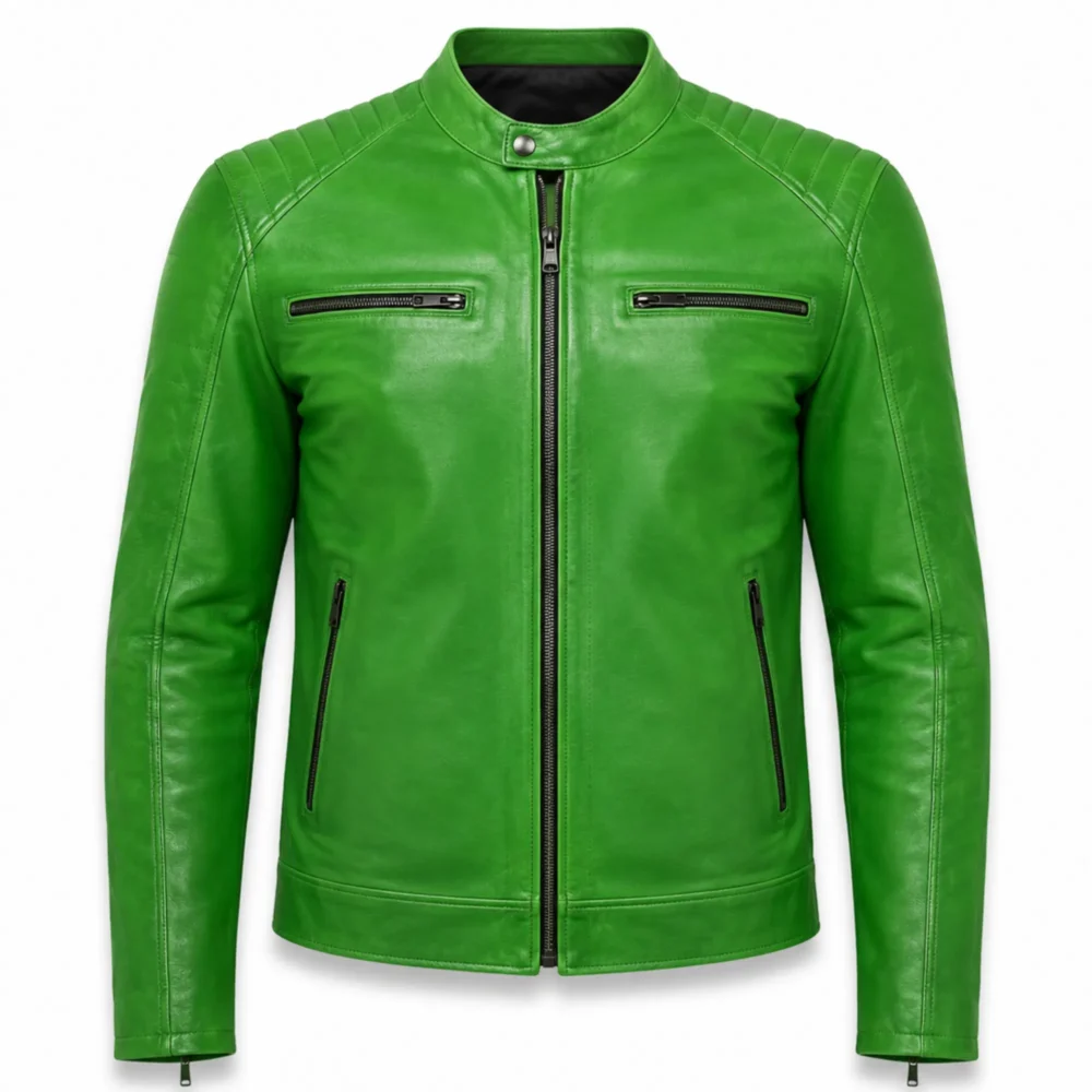 Best men motorcycle leather jacket – Stylish Green Cafe Racer Biker Gear - jacket field 006