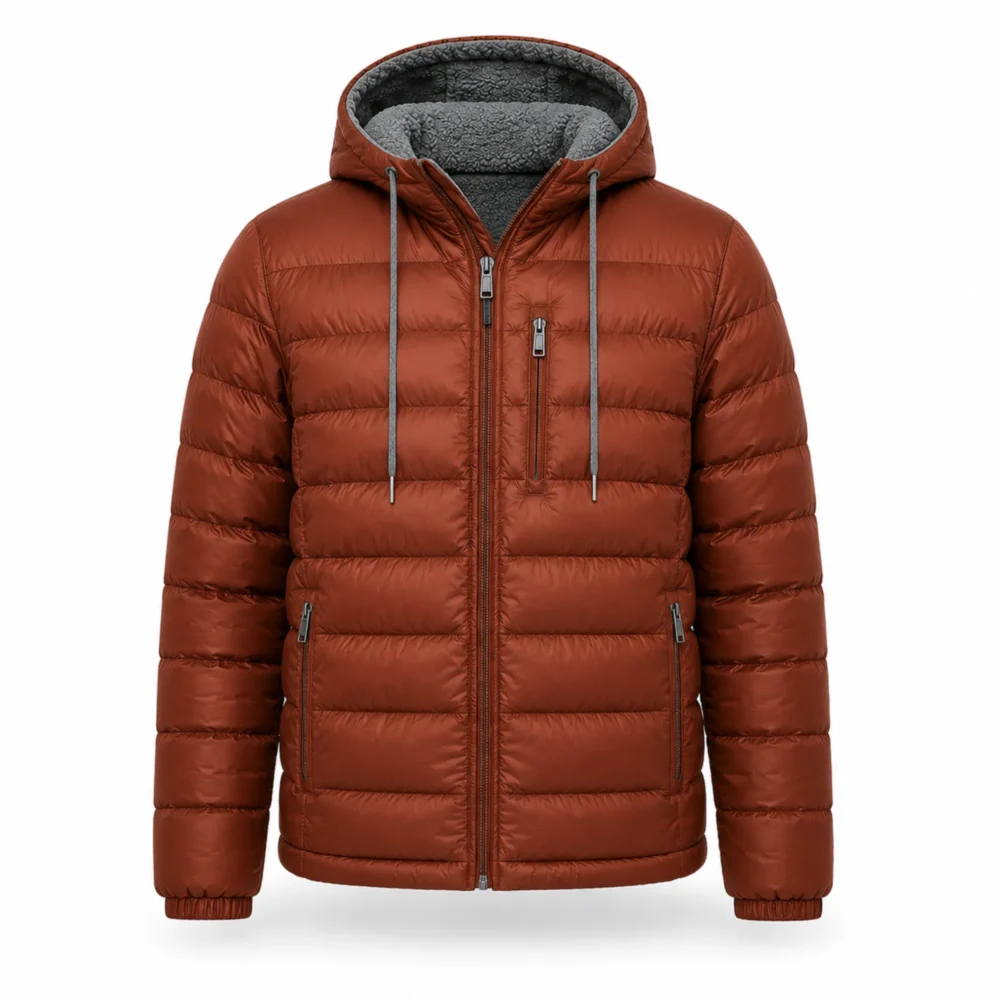 Men's Puffer Jacket – Rust Orange Windproof Hooded Winter Coat with Sherpa Lining - jacket field 008