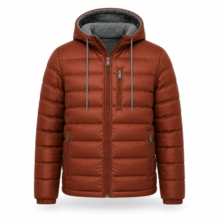 Men's Puffer Jacket – Rust Orange Windproof Hooded Winter Coat with Sherpa Lining - jacket field 008