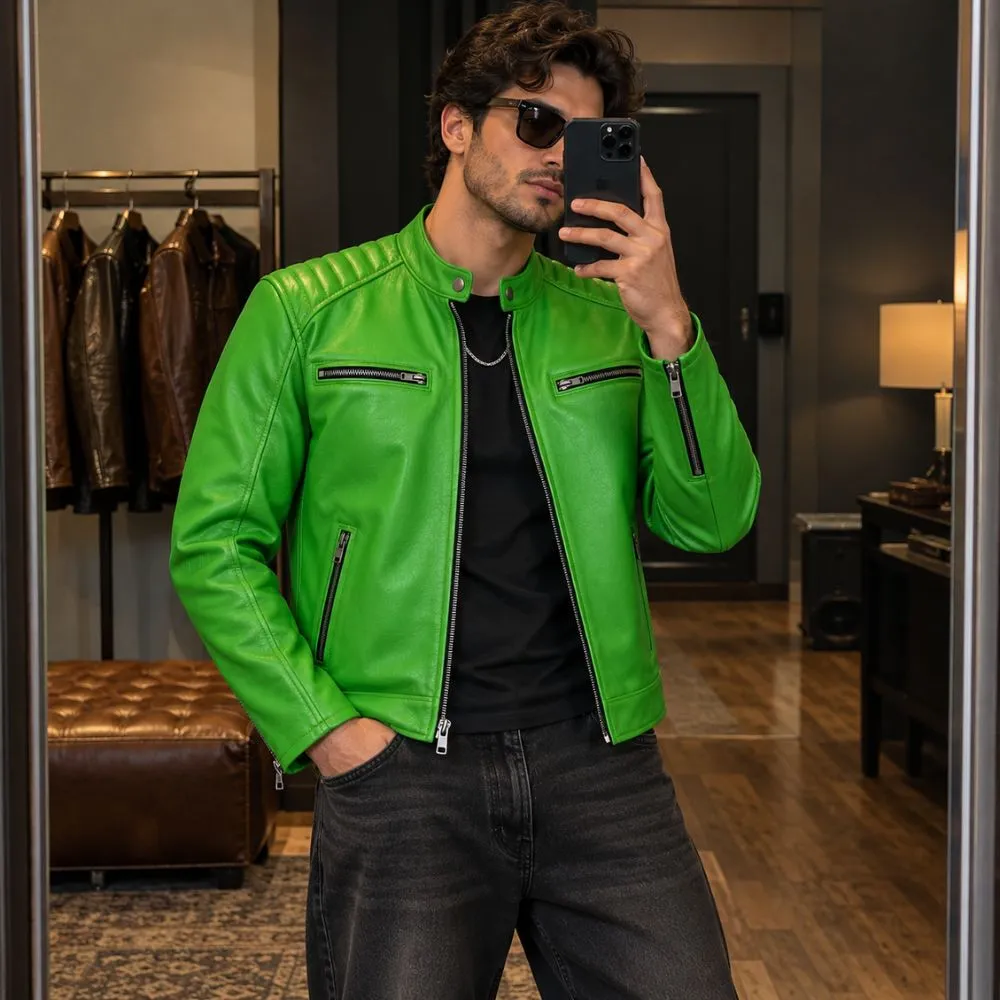 Best men motorcycle leather jacket – Stylish Green Cafe Racer Biker Gear – jacket field 006