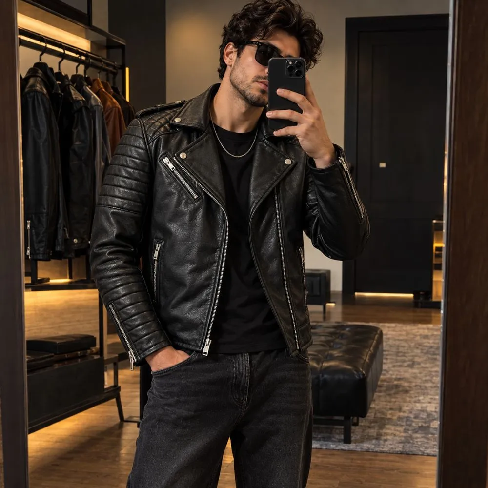 Black Real Leather men motorcycle jacket for Biker Style – jacket field 005