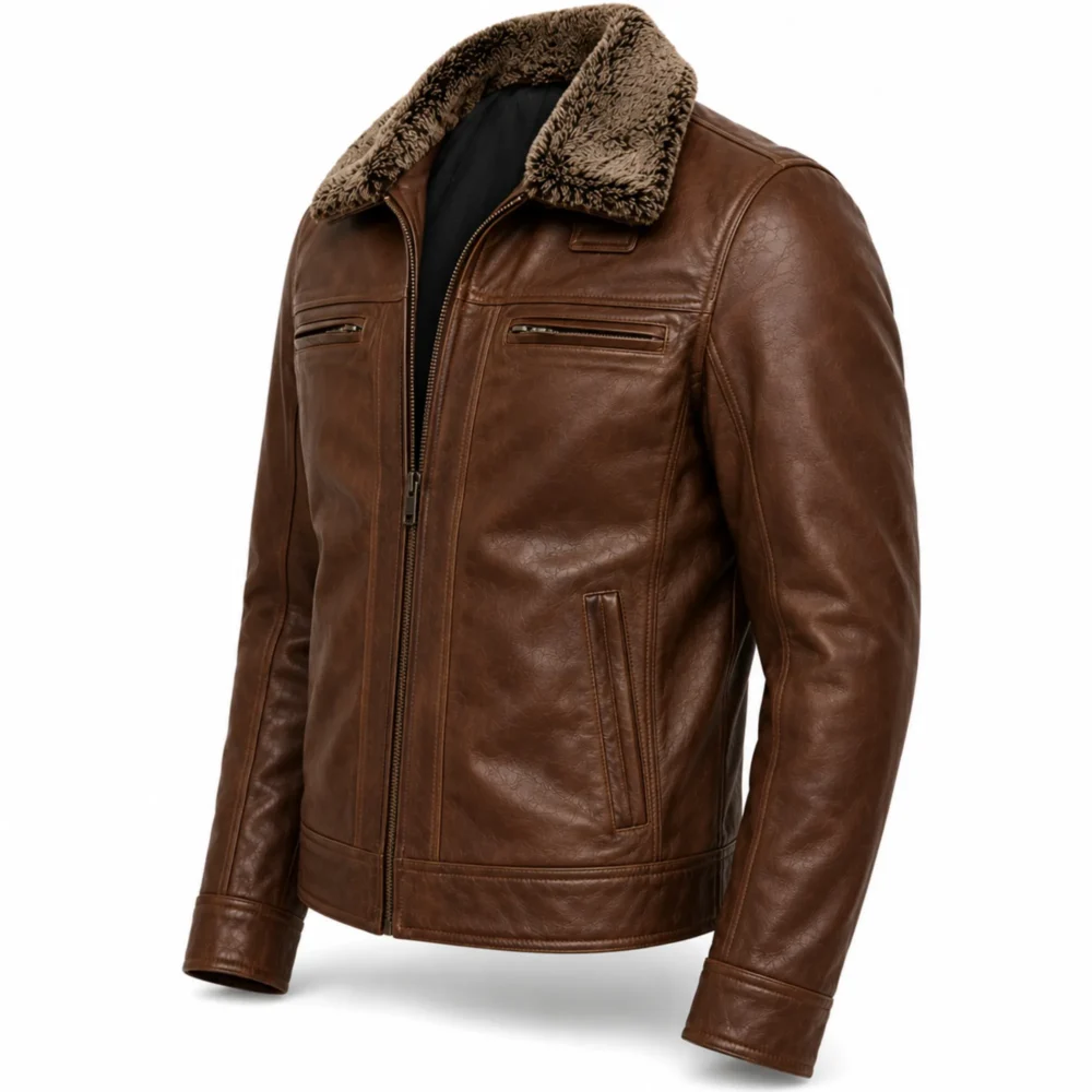 Men's Leather Jacket with Fur Collar — Dark Brown Winter Coat for Men - jacket field 0010