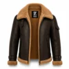 Men's Leather Shearling Jacket Dark Brown B3 Aviator Leather Coat with Camel Sherpa Lining - jacket field 009
