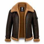 Men's Leather Shearling Jacket Dark Brown B3 Aviator Leather Coat with Camel Sherpa Lining - jacket field 009