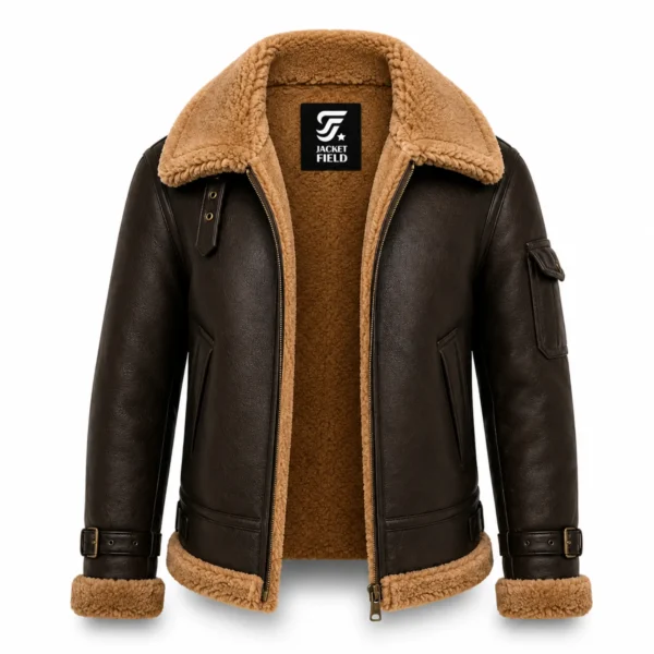 Men's Leather Shearling Jacket Dark Brown B3 Aviator Leather Coat with Camel Sherpa Lining - jacket field 009