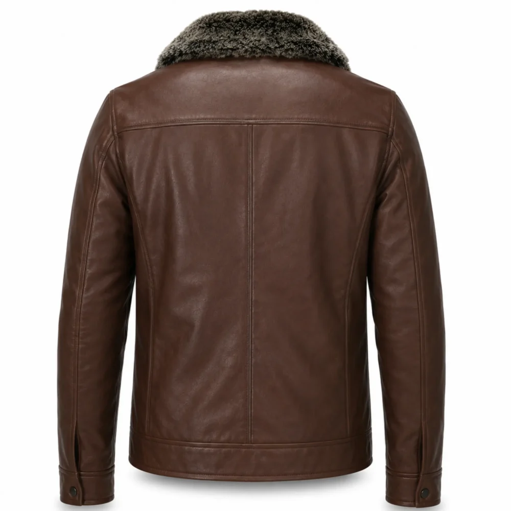 Men's Leather Jacket with Fur Collar — Dark Brown Winter Coat for Men - jacket field 0010