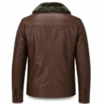 Men's Leather Jacket with Fur Collar — Dark Brown Winter Coat for Men - jacket field 0010