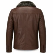 Men's Leather Jacket with Fur Collar — Dark Brown Winter Coat for Men - jacket field 0010