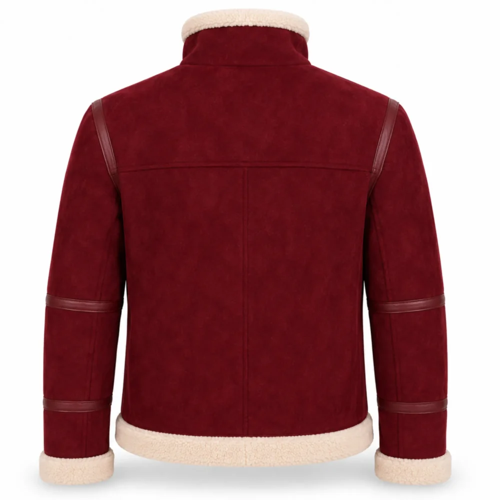    Burgundy Men Christmas Shearling Leather Jacket | Suede Aviator - jacket field 0011